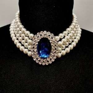 Princess Diana Sapphire choker necklace, white pearls necklace, bridal, sapphire